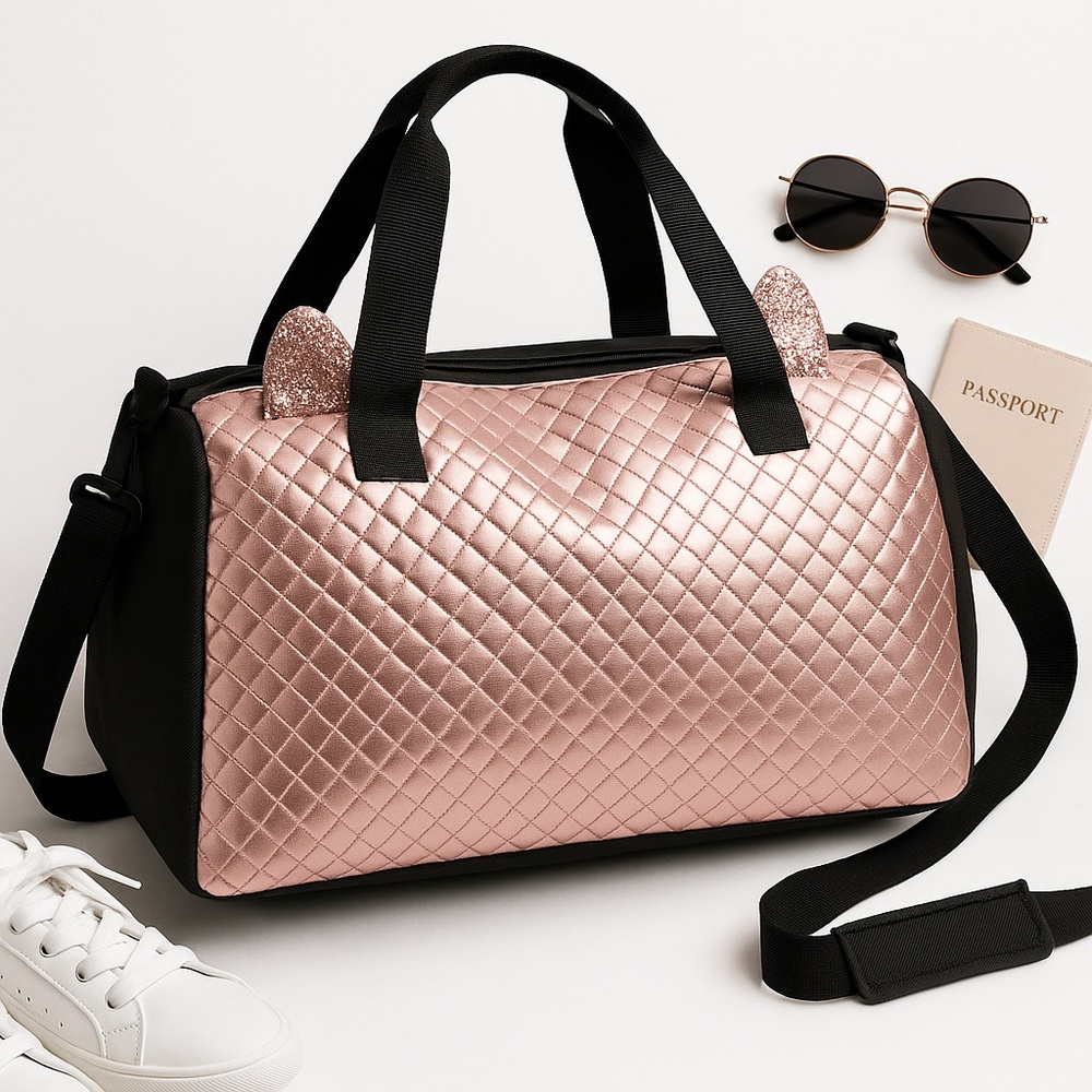NWT Metallic Pink Textured Duffle Bag w/ Sparkle Ears | Gym, Weekender, Travel